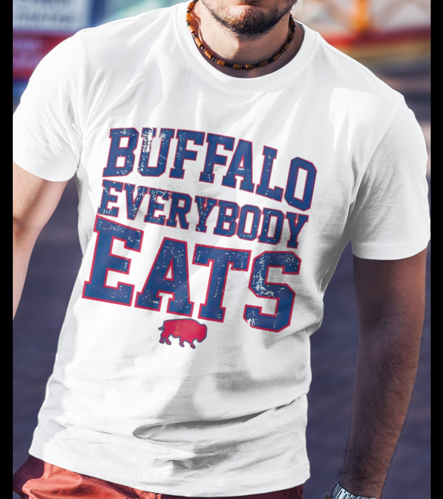 Buffalo Everybody Eats Red Bison Icon Bold Blue Letters T-Shirt