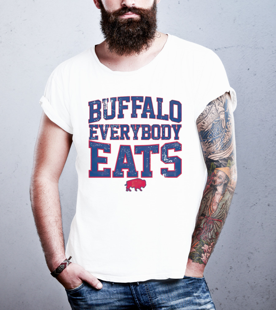 Buffalo Everybody Eats Red Bison Icon Bold Blue Letters T-Shirt