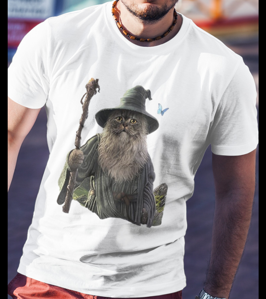 Cat The Mountain Wizard Catdalf Cat With Staff And Hat T-Shirt