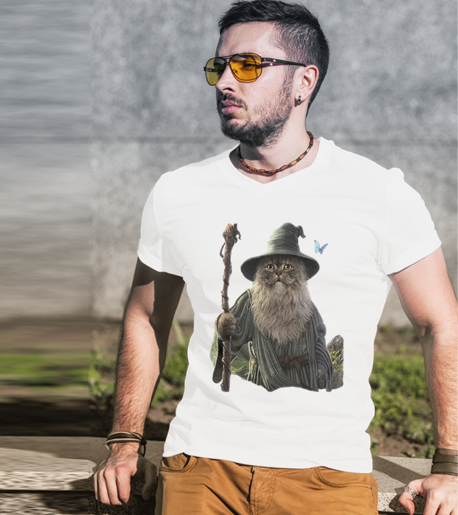Cat The Mountain Wizard Catdalf Cat With Staff And Hat T-Shirt