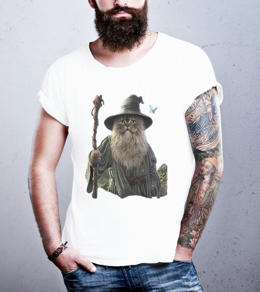 Cat The Mountain Wizard Catdalf Cat With Staff And Hat T-Shirt