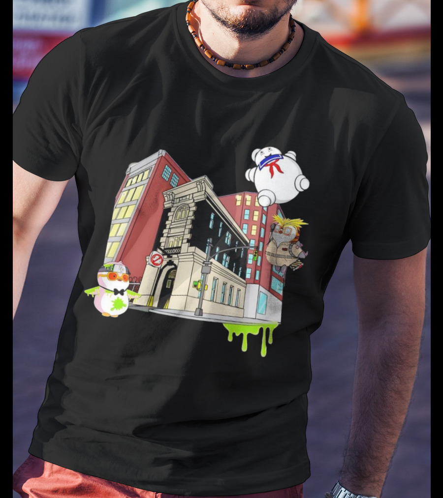 Stay Puft Marshmallow Man Pudgy Penguins Ghostbusters Firehouse Scene T-Shirt