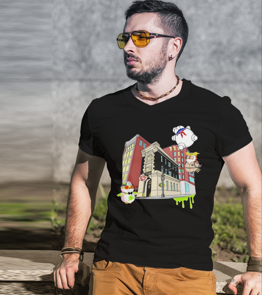 Stay Puft Marshmallow Man Pudgy Penguins Ghostbusters Firehouse Scene T-Shirt