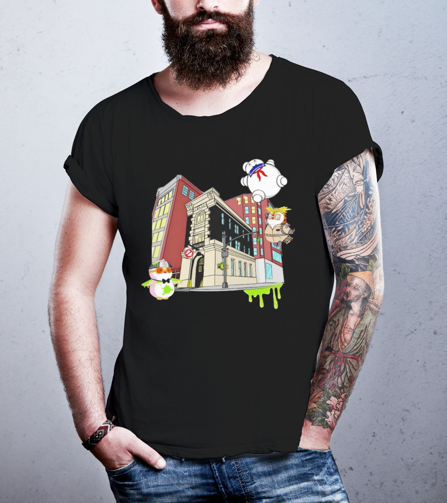 Stay Puft Marshmallow Man Pudgy Penguins Ghostbusters Firehouse Scene T-Shirt
