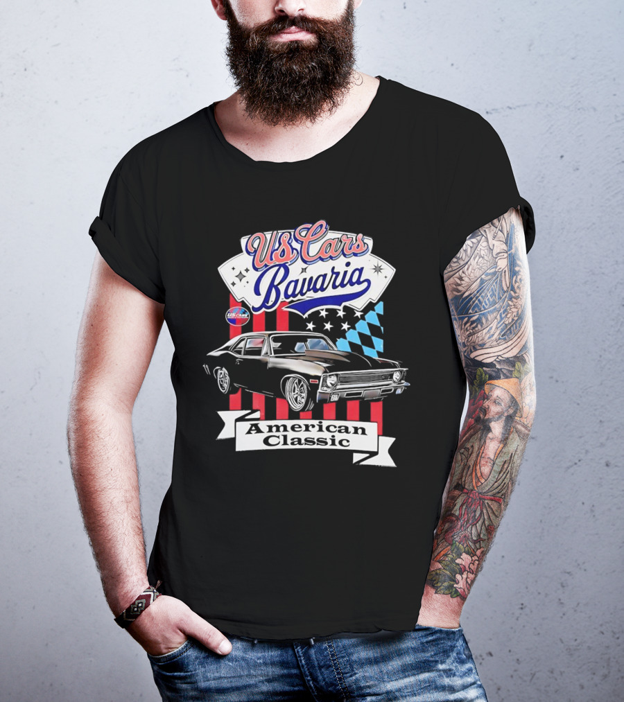 US Cars Bavaria American Classic With Black Muscle Car And Checkered Flags T-Shirt