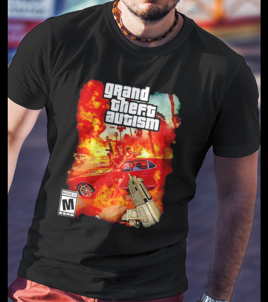 Grand Theft Autism Video Game Cover Parody With Car And Weapon T-Shirt