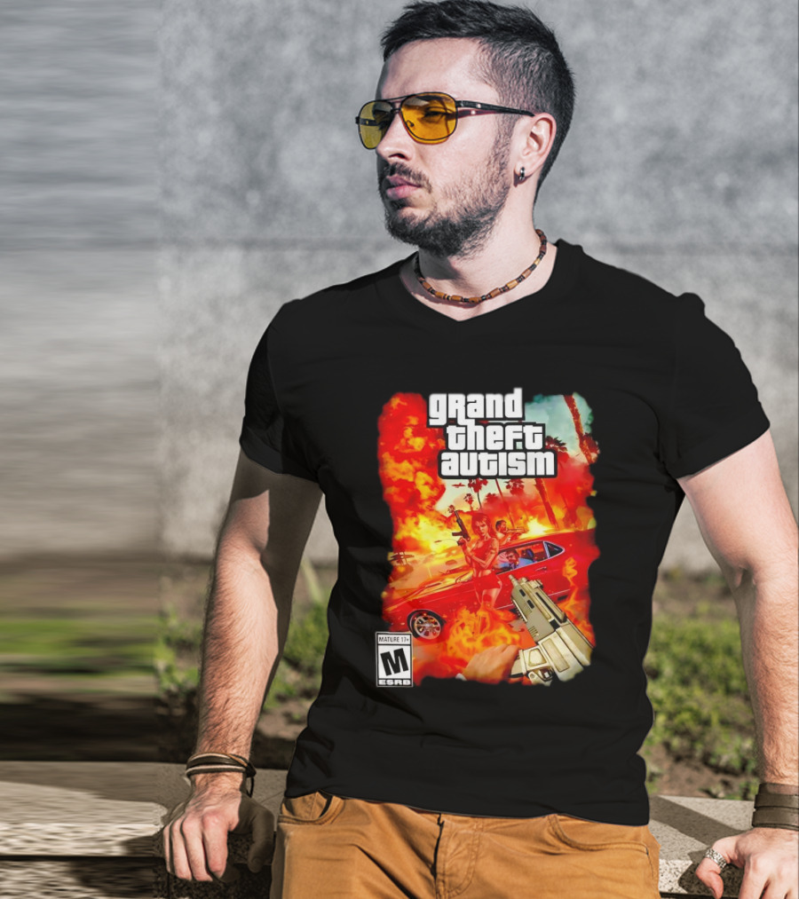 Grand Theft Autism Video Game Cover Parody With Car And Weapon T-Shirt