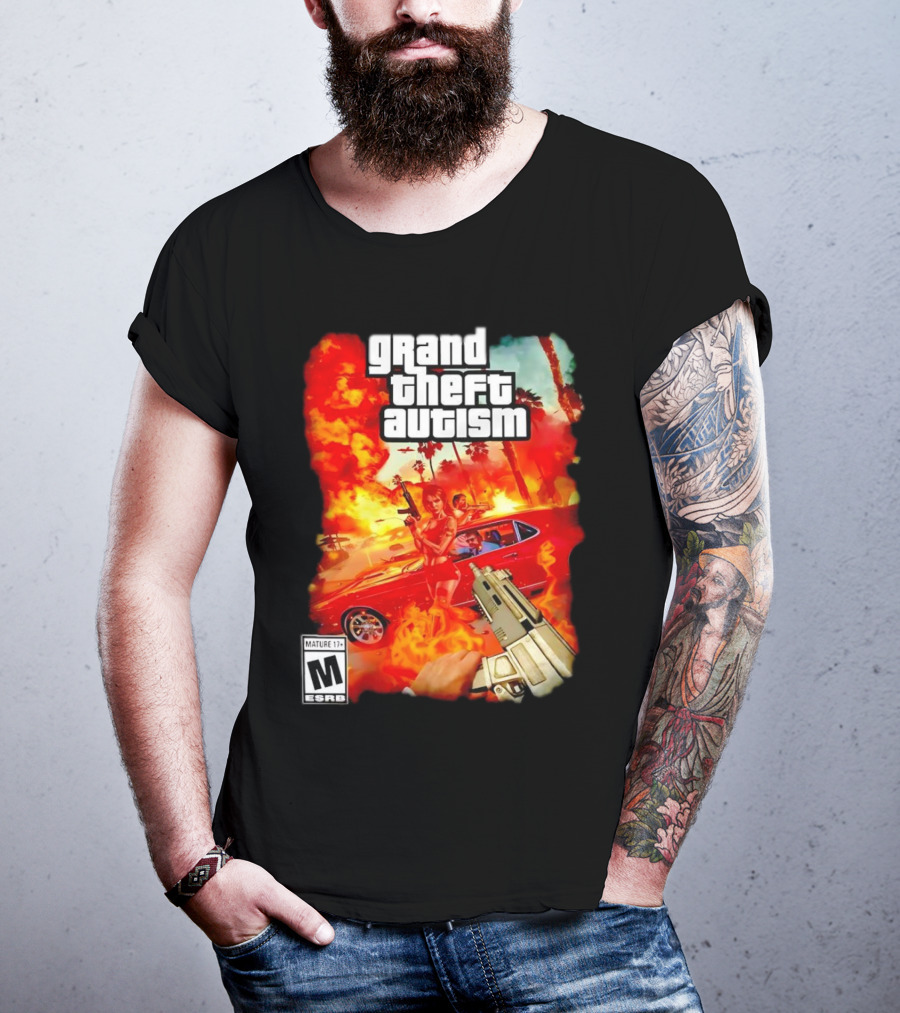 Grand Theft Autism Video Game Cover Parody With Car And Weapon T-Shirt