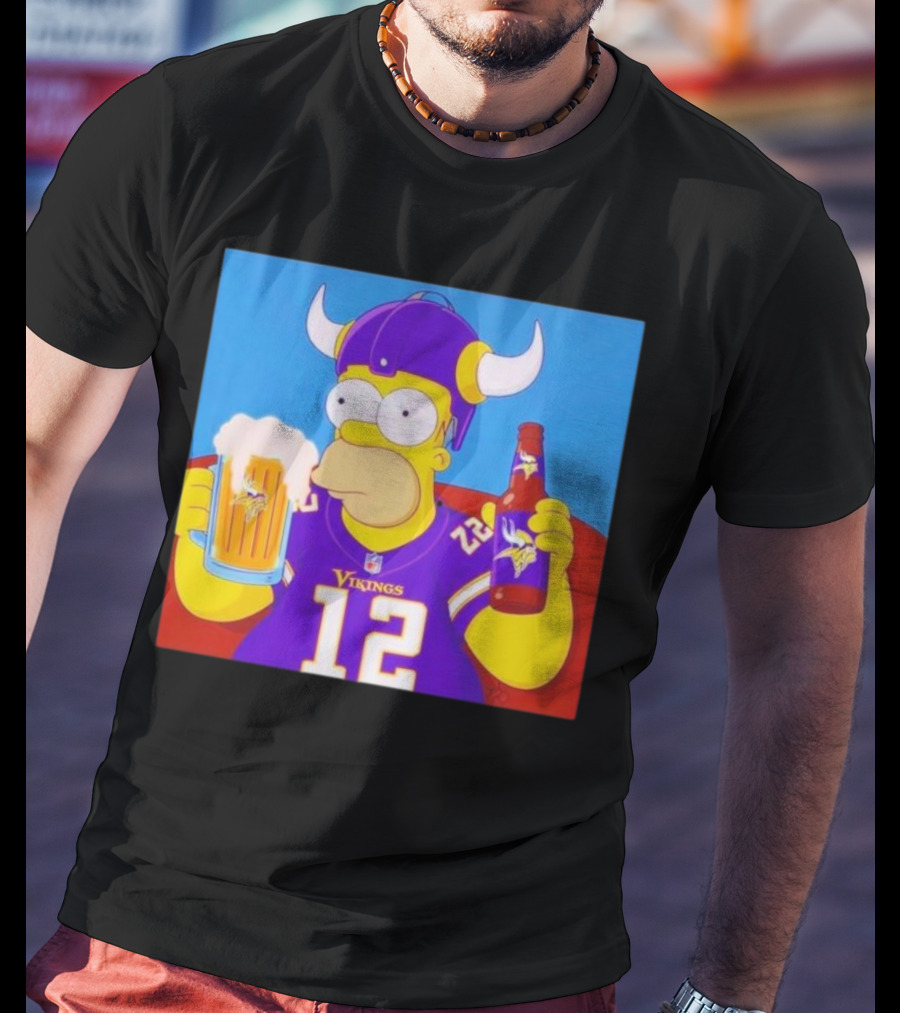 Homer Simpson In Minnesota Vikings Gear Drinking Beer T-Shirt