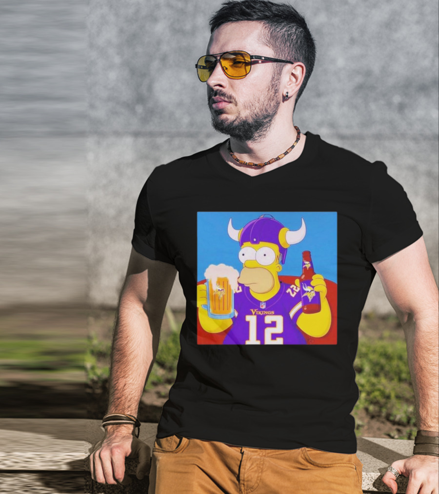 Homer Simpson In Minnesota Vikings Gear Drinking Beer T-Shirt