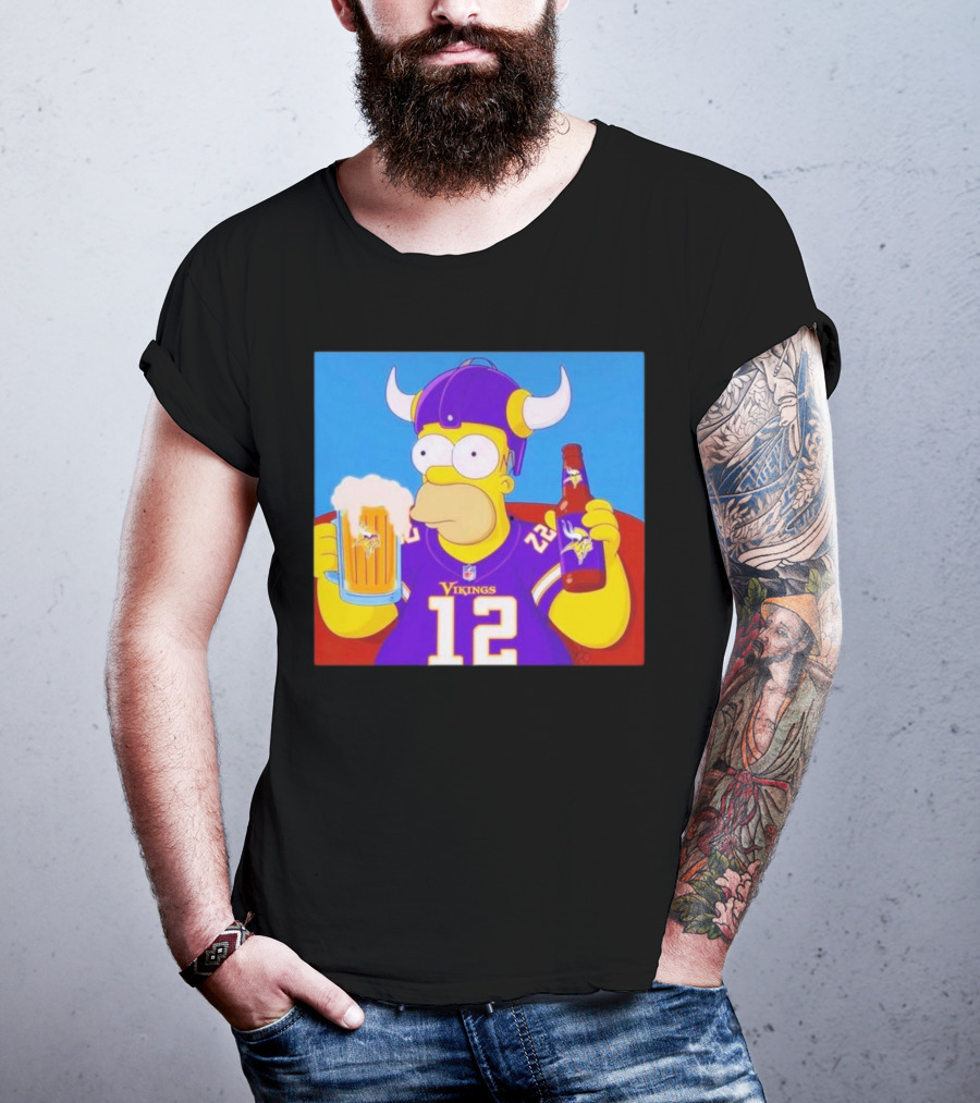 Homer Simpson In Minnesota Vikings Gear Drinking Beer T-Shirt