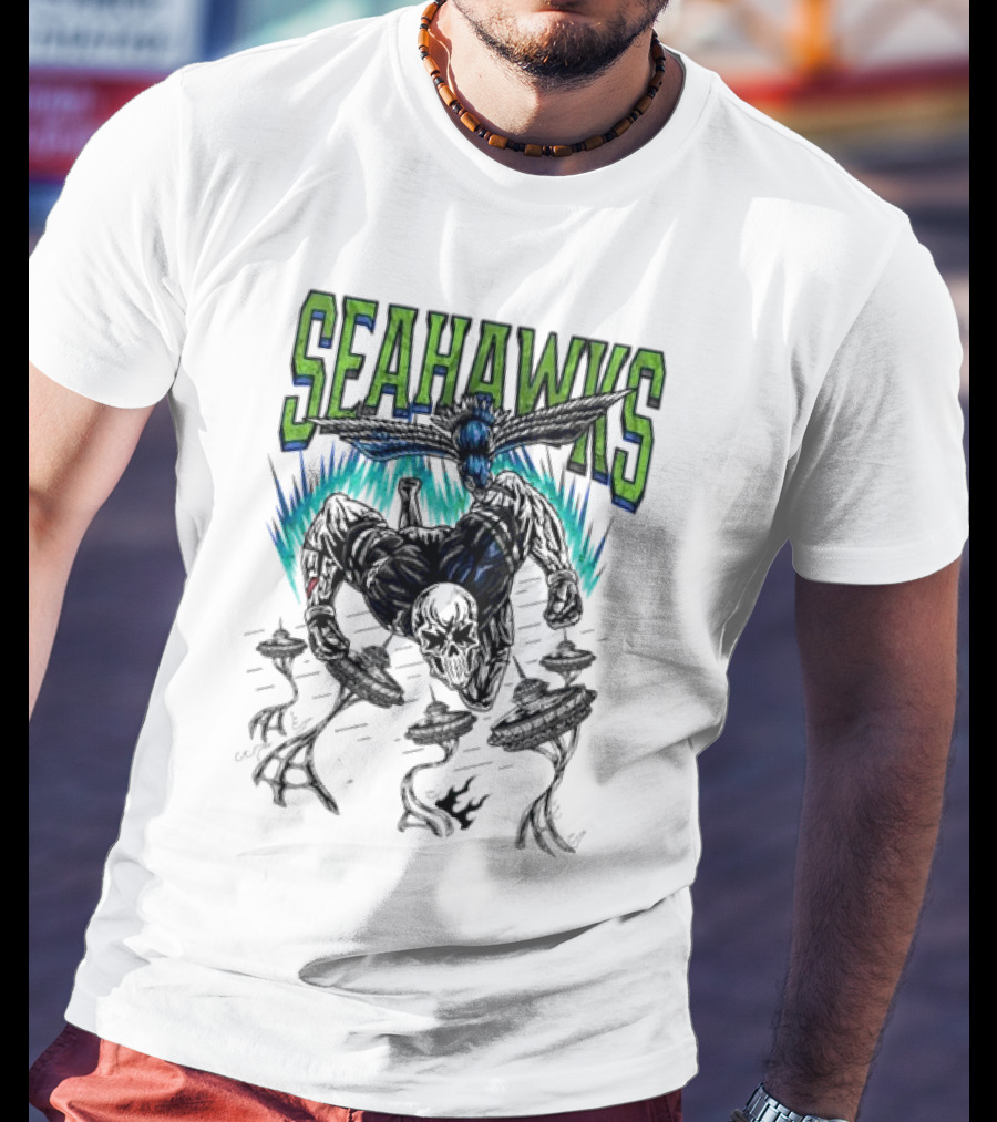 Seattle Seahawks Skeleton With Winged Bird And Blue Flames T-Shirt