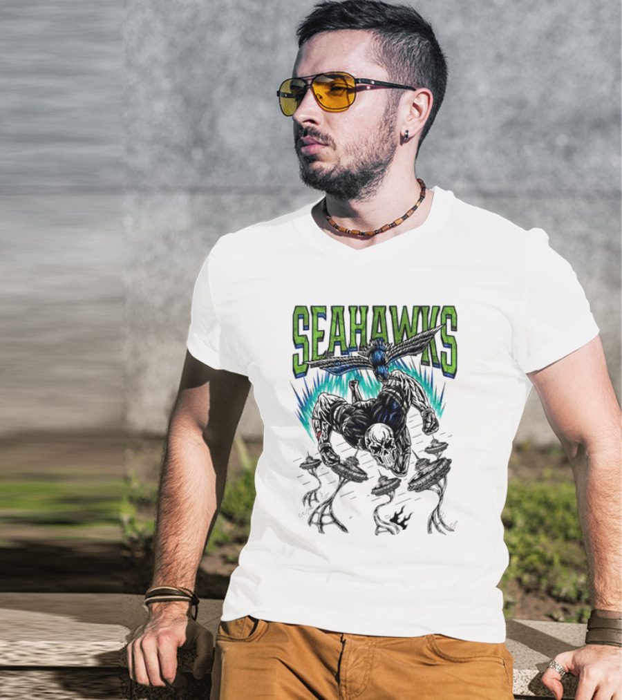 Seattle Seahawks Skeleton With Winged Bird And Blue Flames T-Shirt