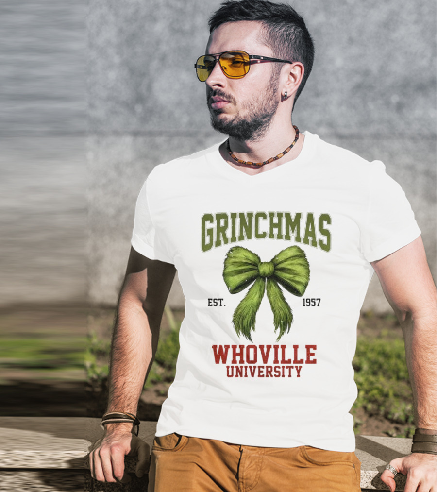 Grinchmas Whoville University Est 1957 Green Bow Emblem T-Shirt