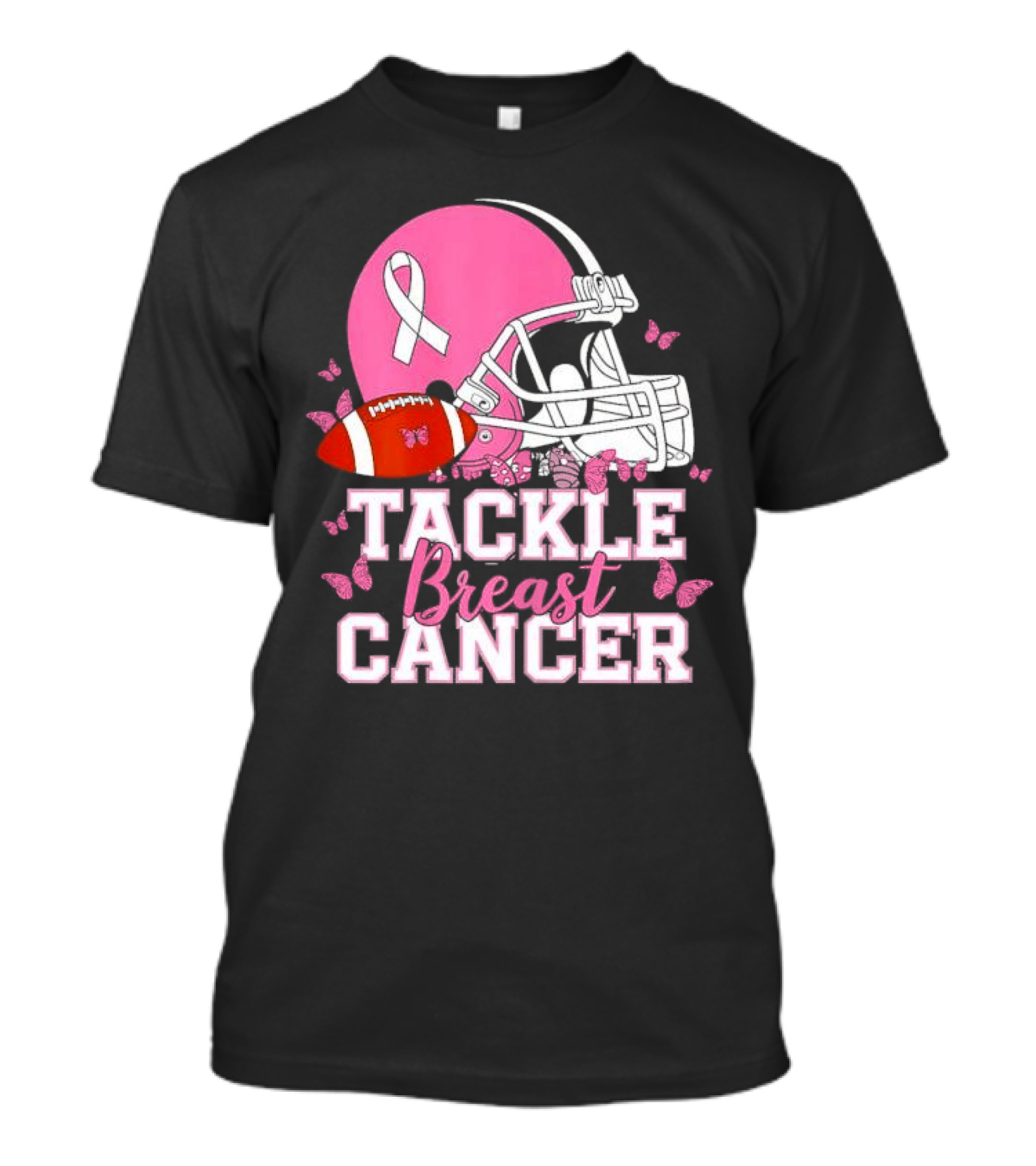 Tackle Breast Cancer Awareness Pink Football Helmet Ribbon Butterflies T-Shirt