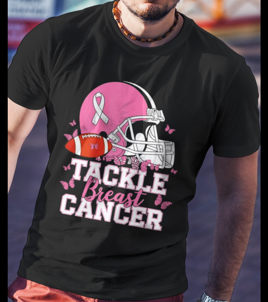 Tackle Breast Cancer Awareness Pink Football Helmet Ribbon Butterflies T-Shirt