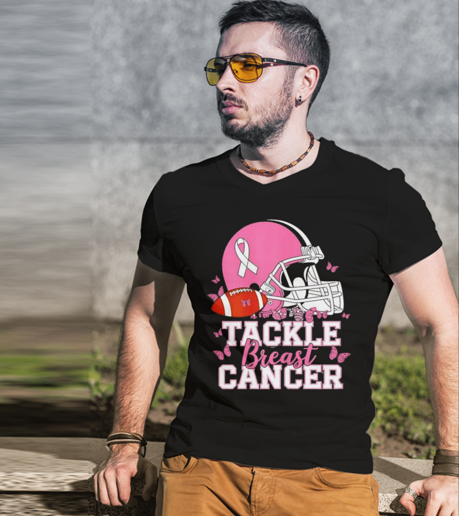 Tackle Breast Cancer Awareness Pink Football Helmet Ribbon Butterflies T-Shirt