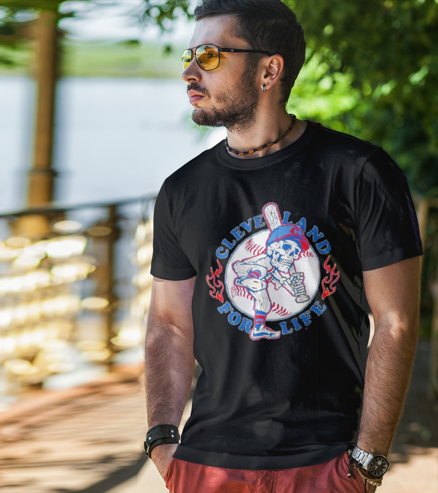 Cleveland Guardians For Life Skeleton Baseball Player Flames T-Shirt