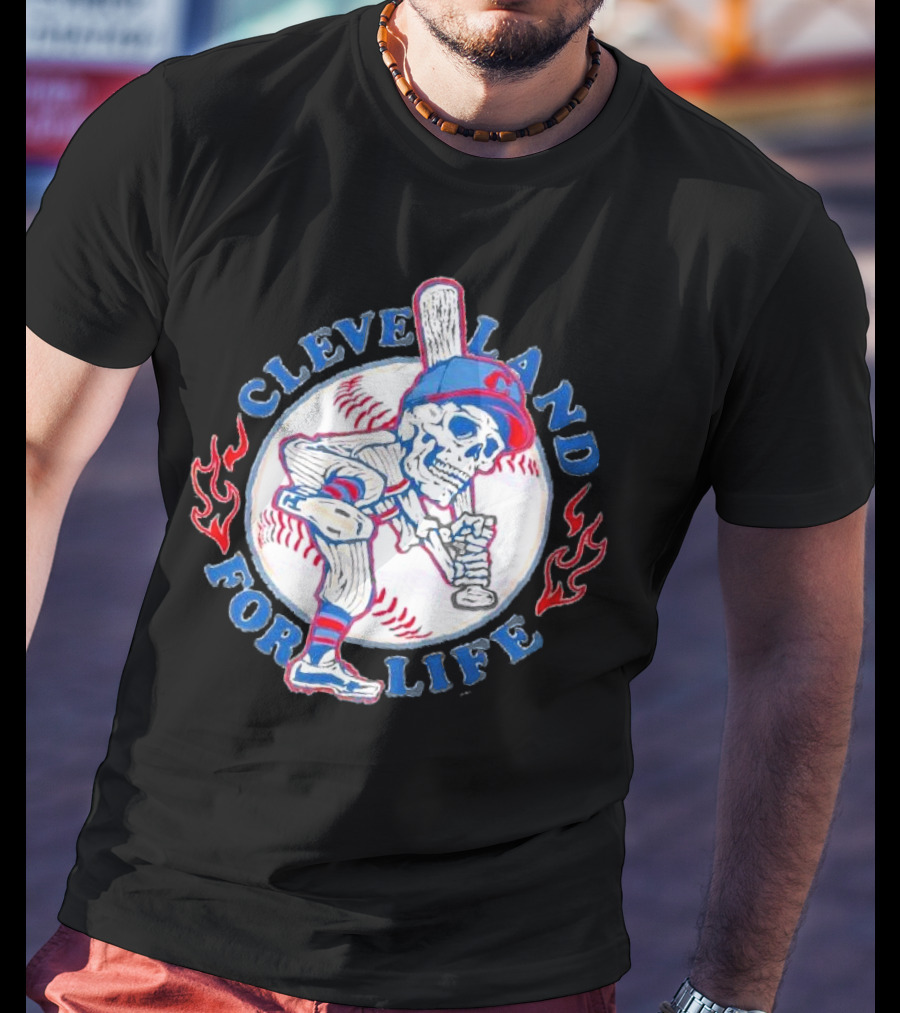 Cleveland Guardians For Life Skeleton Baseball Player Flames T-Shirt