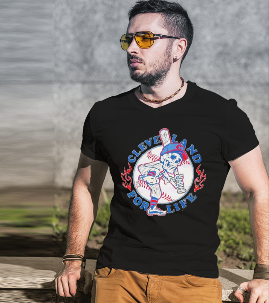 Cleveland Guardians For Life Skeleton Baseball Player Flames T-Shirt