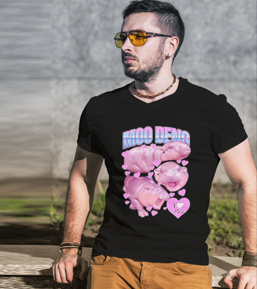 Moo Deng I Love You Pink Hippo Hearts T-Shirt