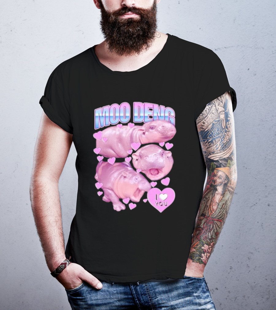 Moo Deng I Love You Pink Hippo Hearts T-Shirt