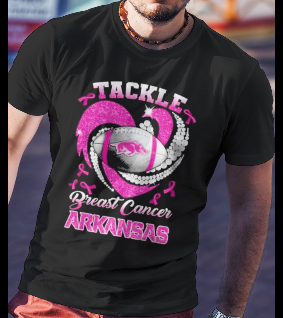 Arkansas Razorbacks Tackle Breast Cancer Pink Ribbon Heart Football T-Shirt