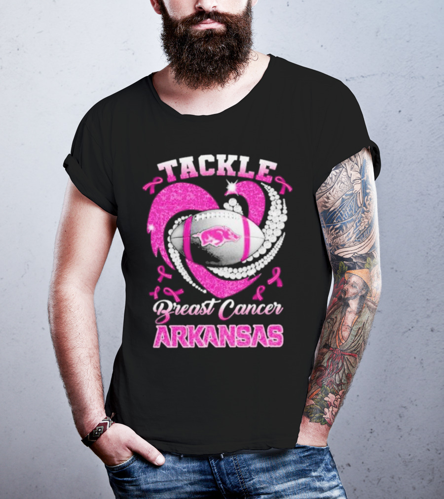 Arkansas Razorbacks Tackle Breast Cancer Pink Ribbon Heart Football T-Shirt