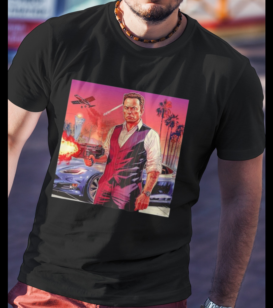 Grand Theft Auto Elon Musk Sunset Shootout With Palm Trees And Jetstream T-Shirt