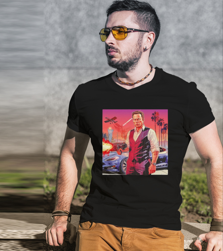 Grand Theft Auto Elon Musk Sunset Shootout With Palm Trees And Jetstream T-Shirt