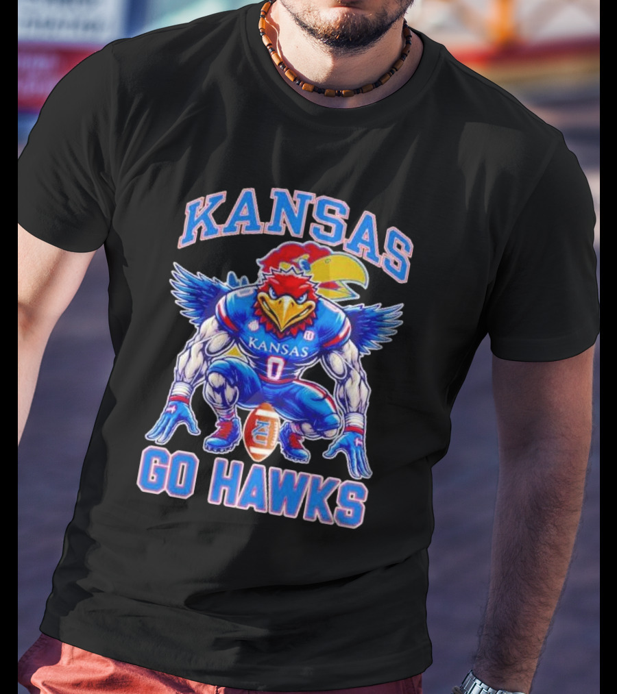 Kansas Jayhawks Go Hawks Fierce Mascot Football T-Shirt