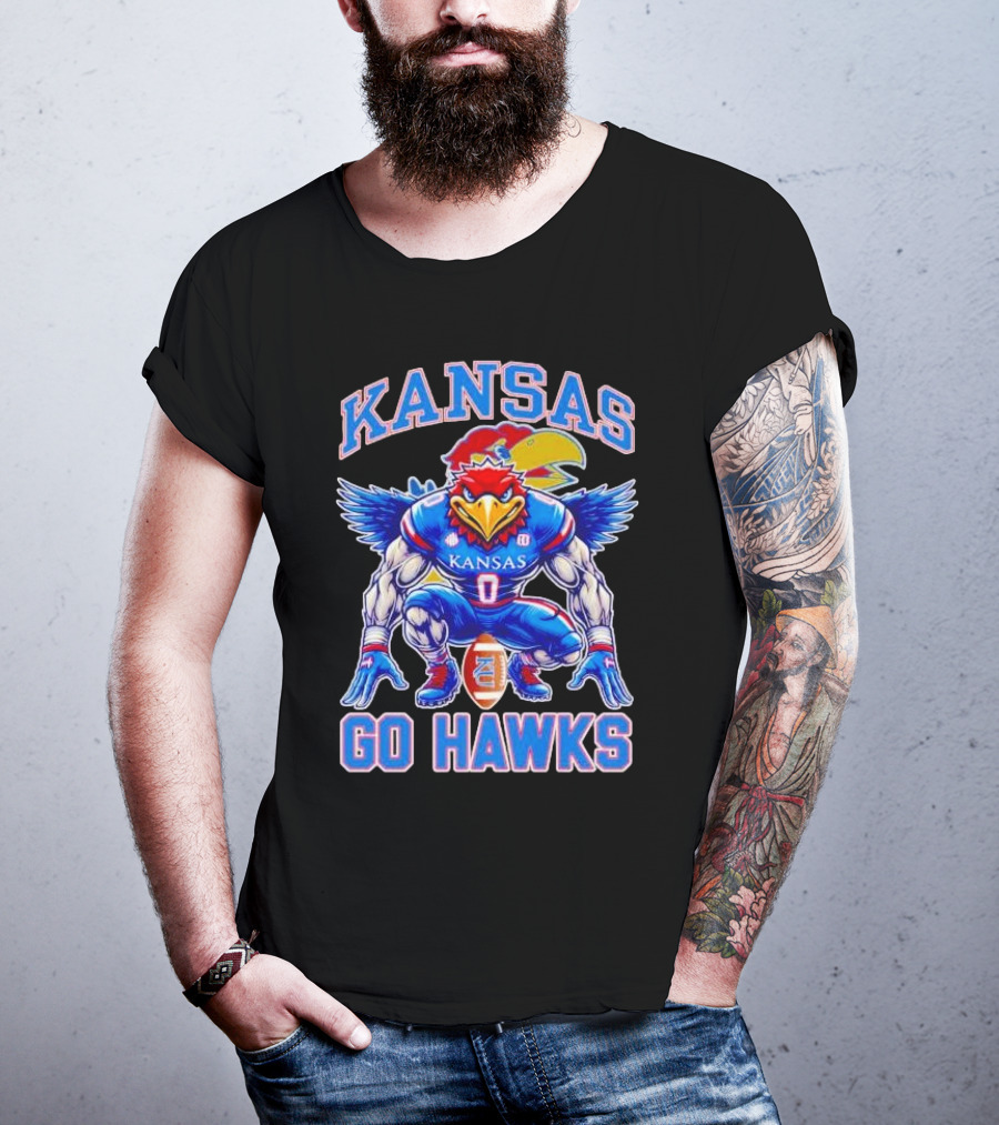 Kansas Jayhawks Go Hawks Fierce Mascot Football T-Shirt