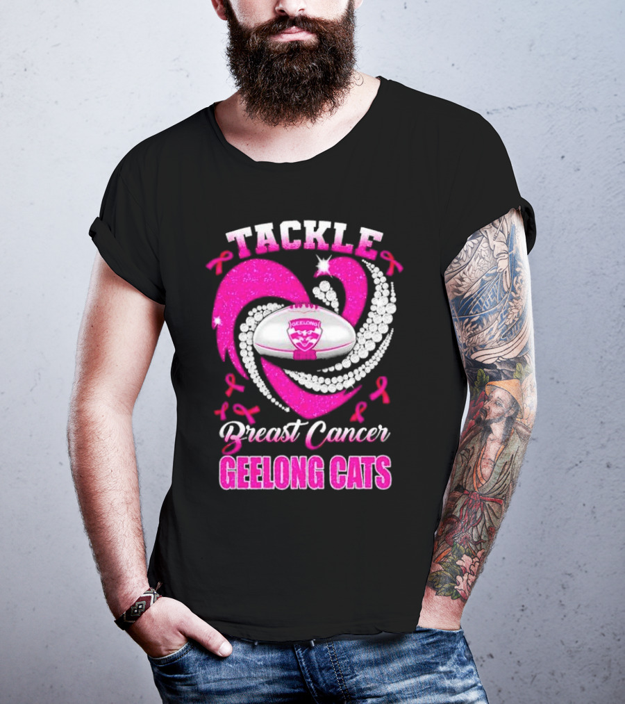 Tackle Breast Cancer Geelong Cats Pink Ribbon Football Heart T-Shirt