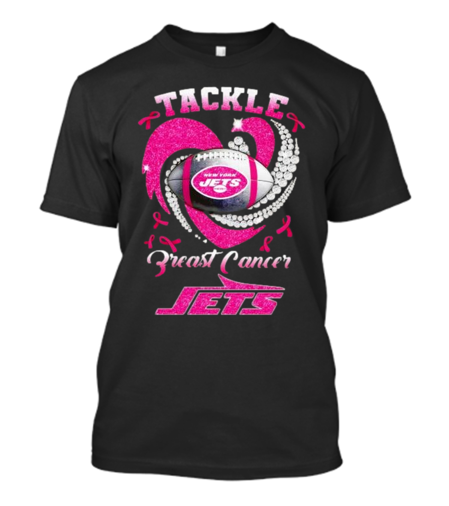 Tackle Breast Cancer New York Jets Football Heart Pink Ribbons T-Shirt