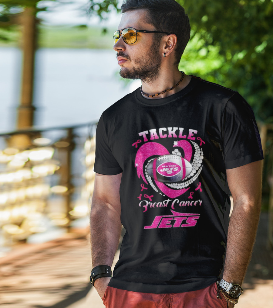 Tackle Breast Cancer New York Jets Football Heart Pink Ribbons T-Shirt