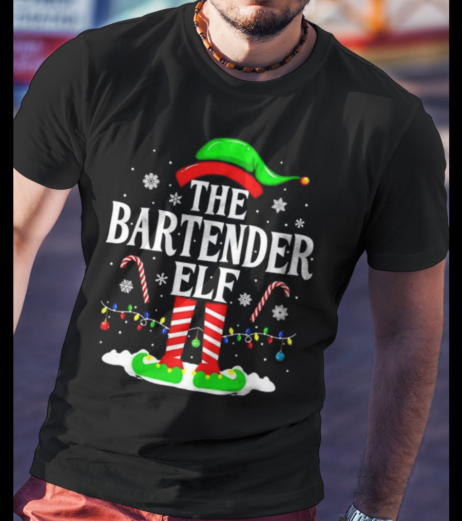 The Bartender Elf Christmas Candy Canes Festive Lights And Snowflakes T-Shirt