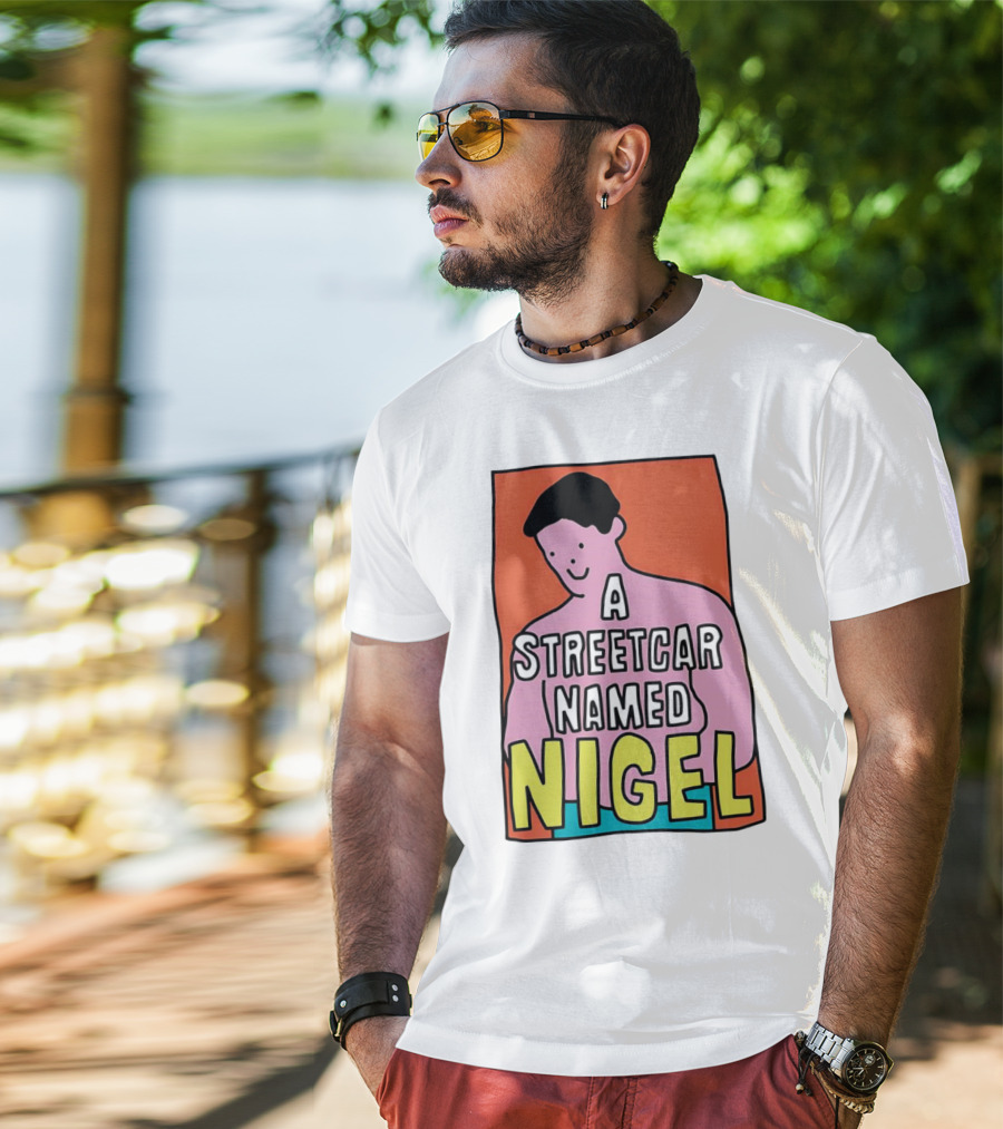 A Streetcar Named Nigel Pink Cartoon Character With Orange Background T-Shirt