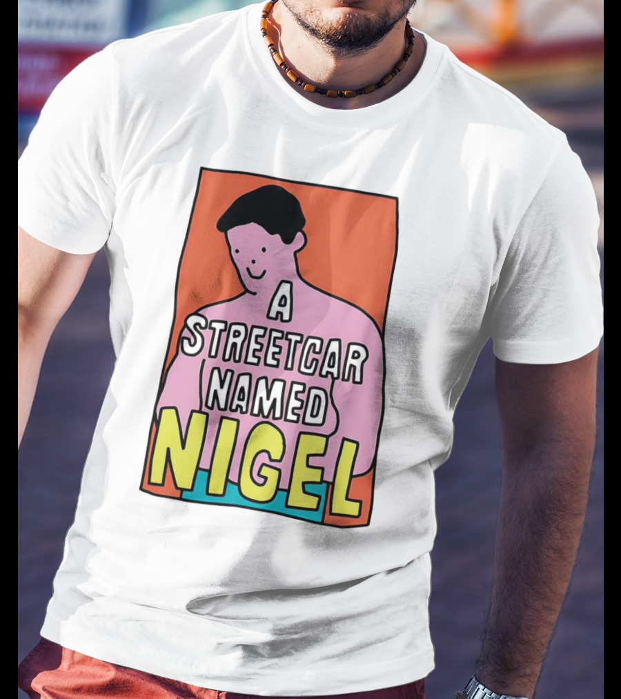 A Streetcar Named Nigel Pink Cartoon Character With Orange Background T-Shirt