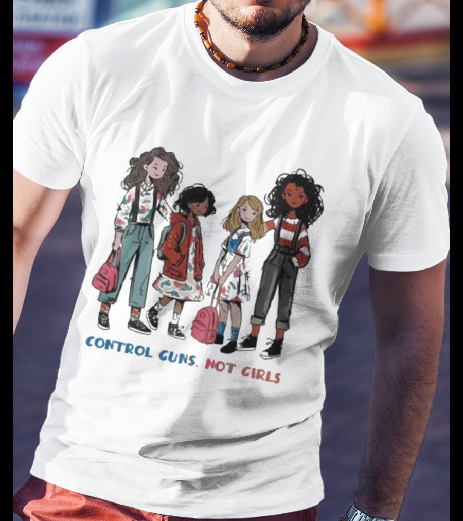 CONTROL GUNS NOT GIRLS WITH FOUR DIVERSE GIRLS HOLDING BACKPACKS T-Shirt
