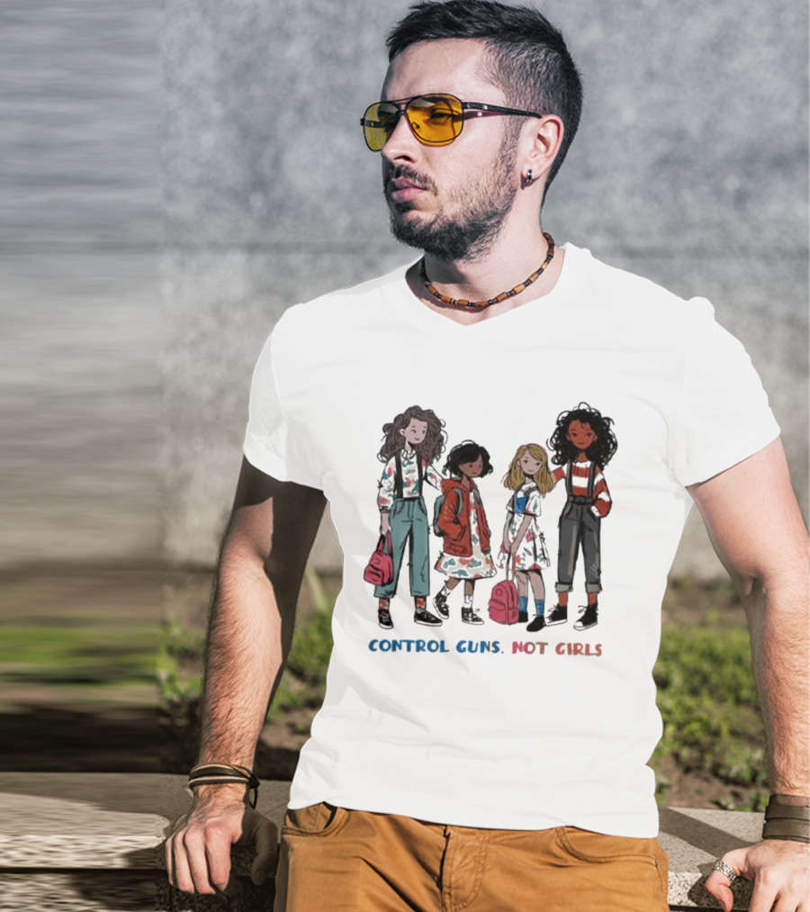 CONTROL GUNS NOT GIRLS WITH FOUR DIVERSE GIRLS HOLDING BACKPACKS T-Shirt