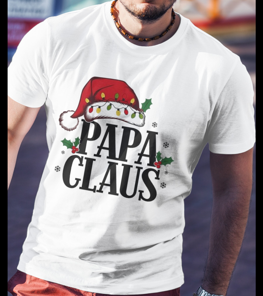 Papa Claus Christmas Santa Hat Holly Lights Snowflakes T-Shirt