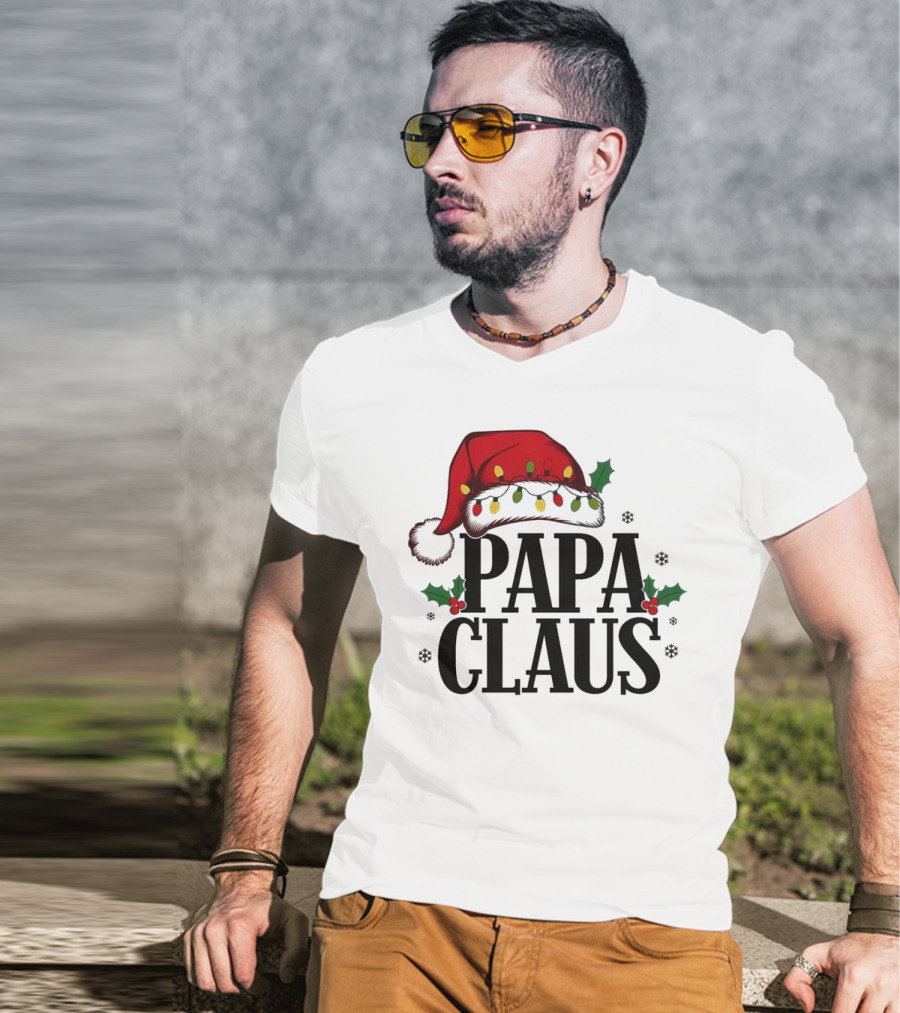 Papa Claus Christmas Santa Hat Holly Lights Snowflakes T-Shirt