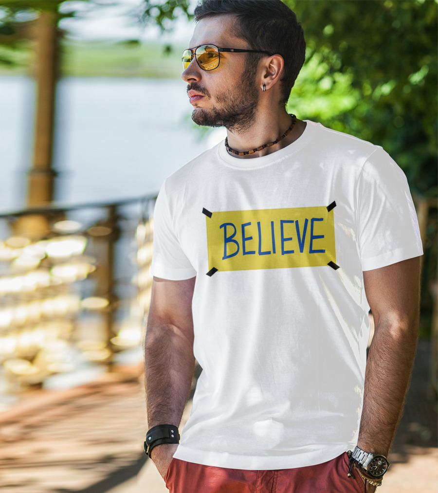 Ted Lasso Believe Sign Taped Yellow Background T-Shirt