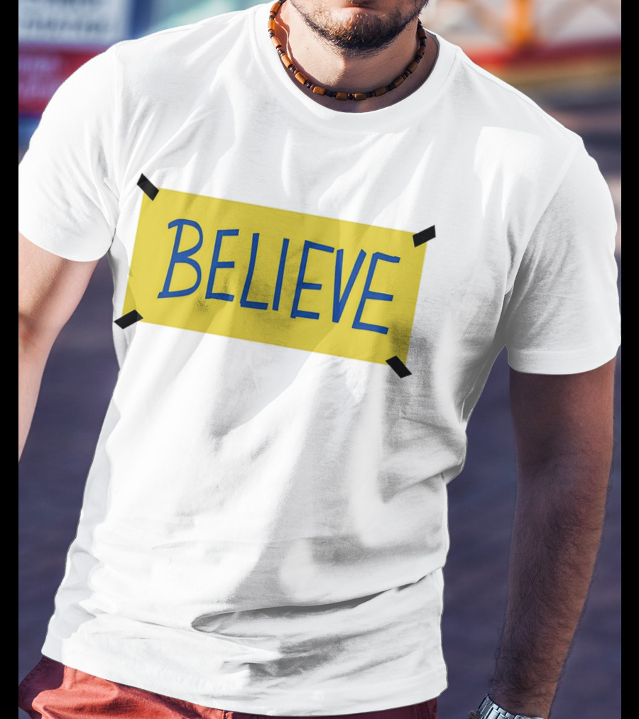 Ted Lasso Believe Sign Taped Yellow Background T-Shirt