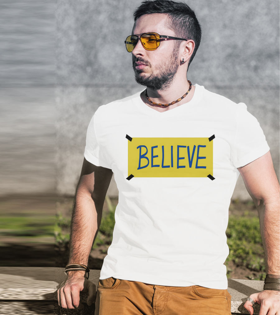Ted Lasso Believe Sign Taped Yellow Background T-Shirt