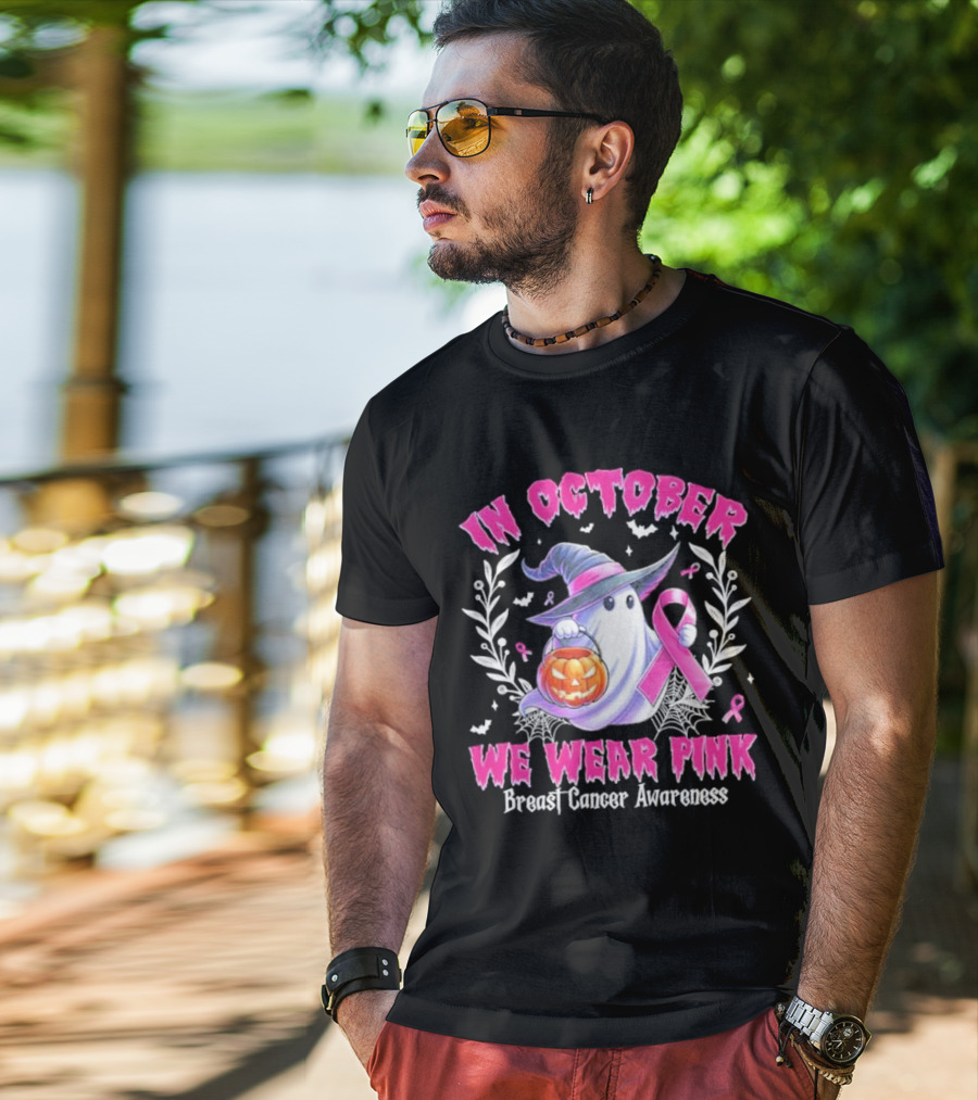 In October We Wear Pink Breast Cancer Awareness Ghost With Pumpkin And Witch Hat T-Shirt