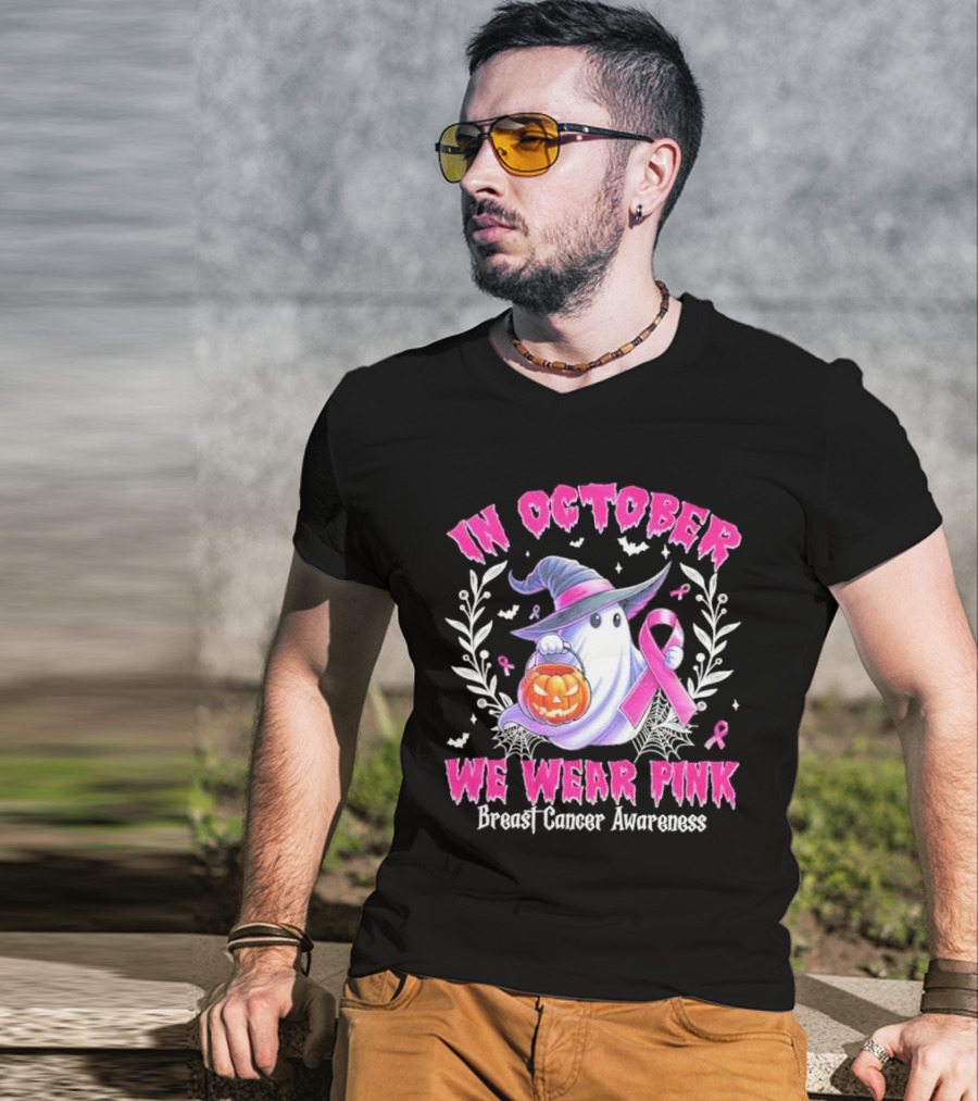 In October We Wear Pink Breast Cancer Awareness Ghost With Pumpkin And Witch Hat T-Shirt