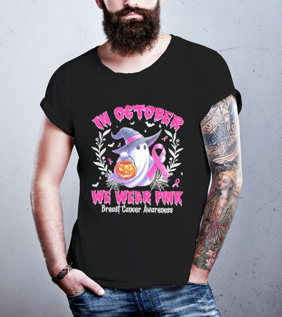 In October We Wear Pink Breast Cancer Awareness Ghost With Pumpkin And Witch Hat T-Shirt