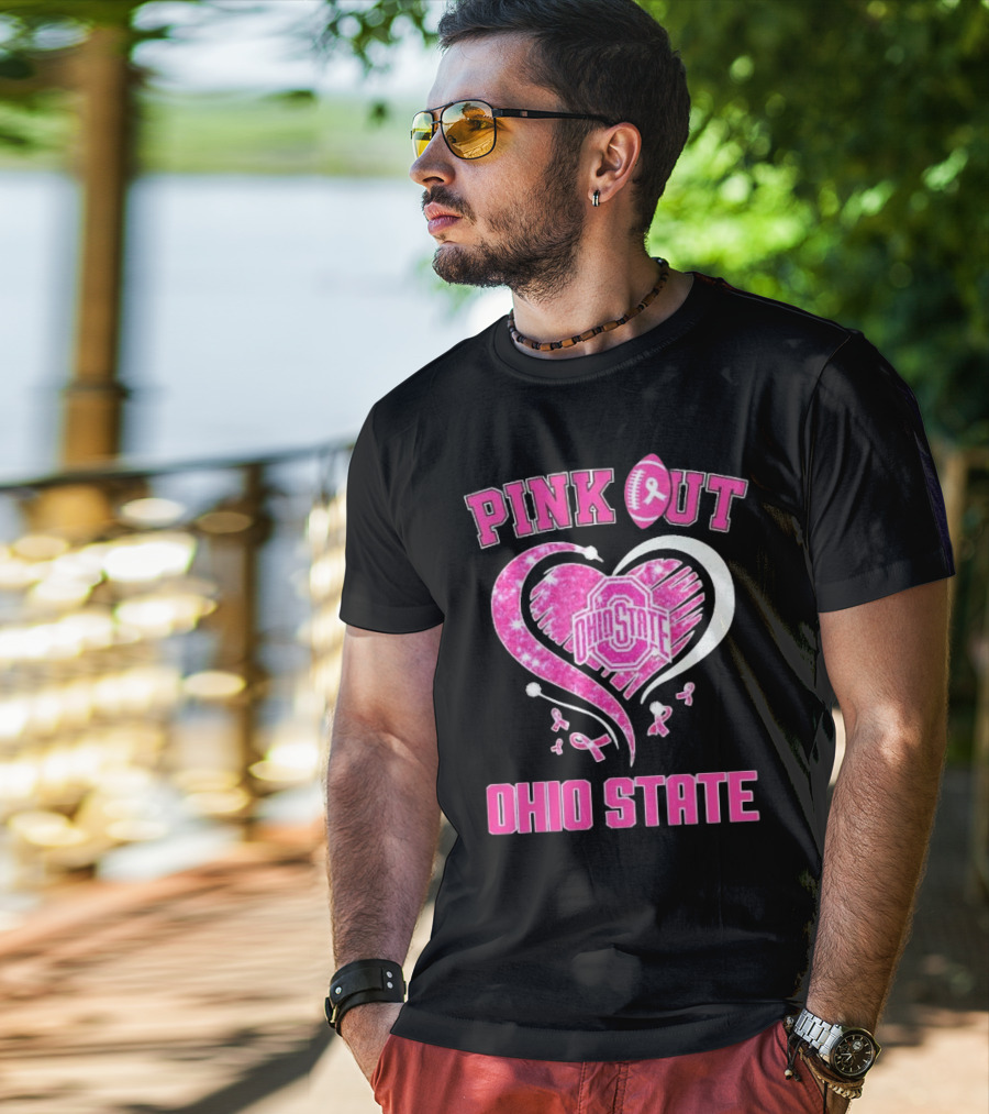 Ohio State Pink Out Breast Cancer Heart Football T-Shirt