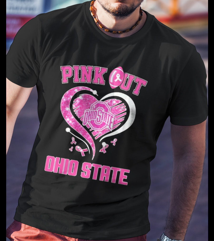 Ohio State Pink Out Breast Cancer Heart Football T-Shirt
